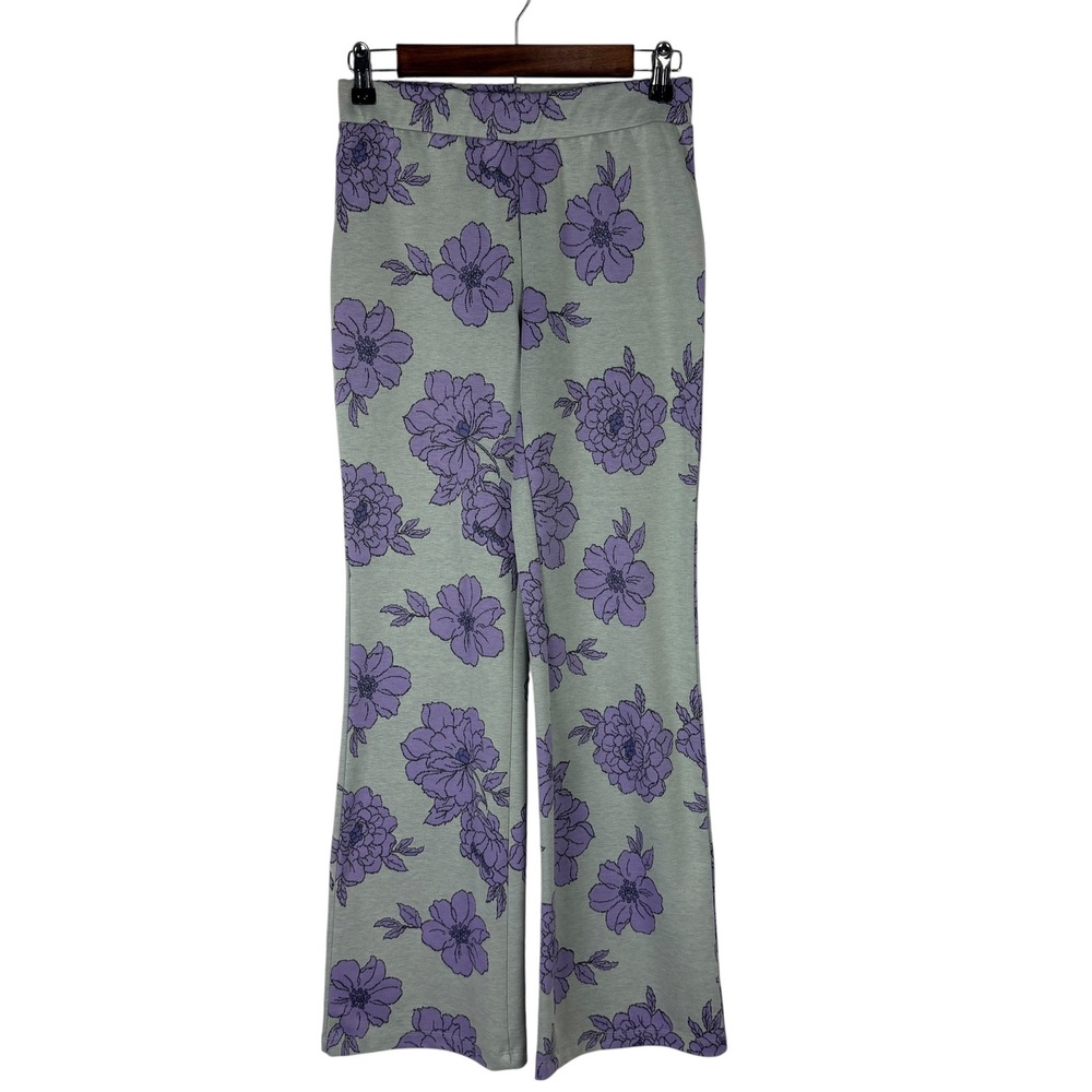 Forever 21 Woman's Small Floral Wide Leg Pants Sage Green Purple High Rise Retro